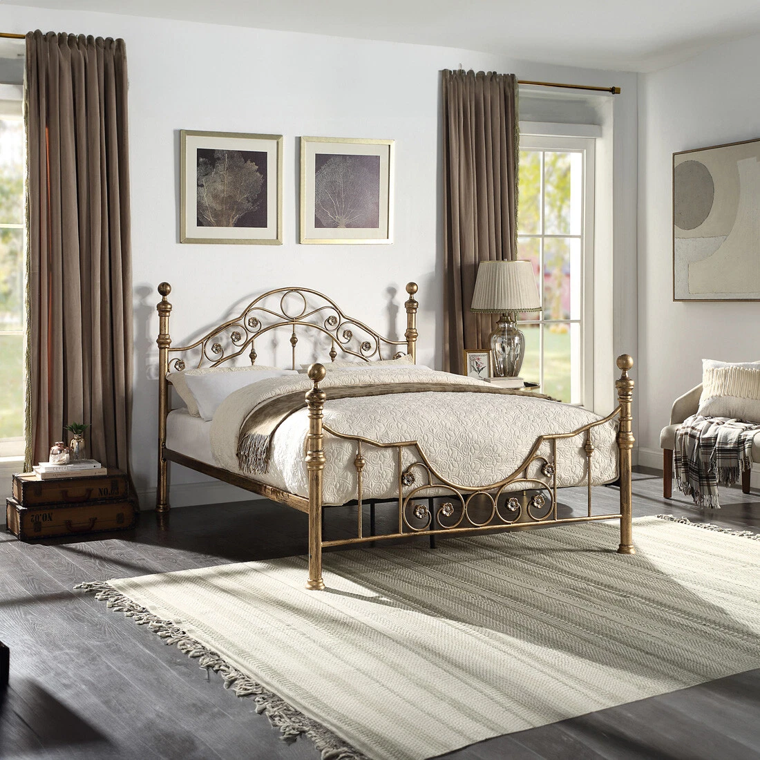 LETCHWORTH VICTORIAN BRUSHED ANTIQUE BRASS METAL BED FRAME SMALL