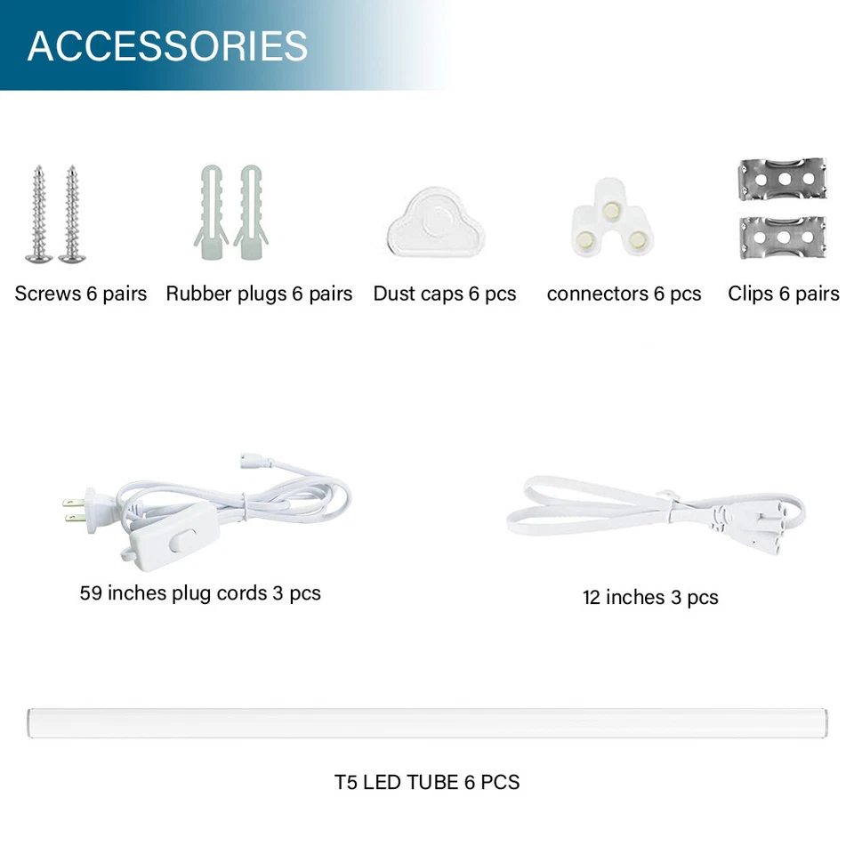 6Pcs LED Shop Light T5 2FT Linkable Cabinet Closet Fixture Garage Cool White 10W - Image 3 of 4