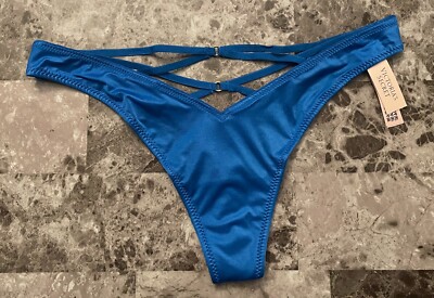 NWT VICTORIA'S SECRET BLUE SATIN SMOOTH STRAPPY BACK HIGH LEG THONG PANTIES