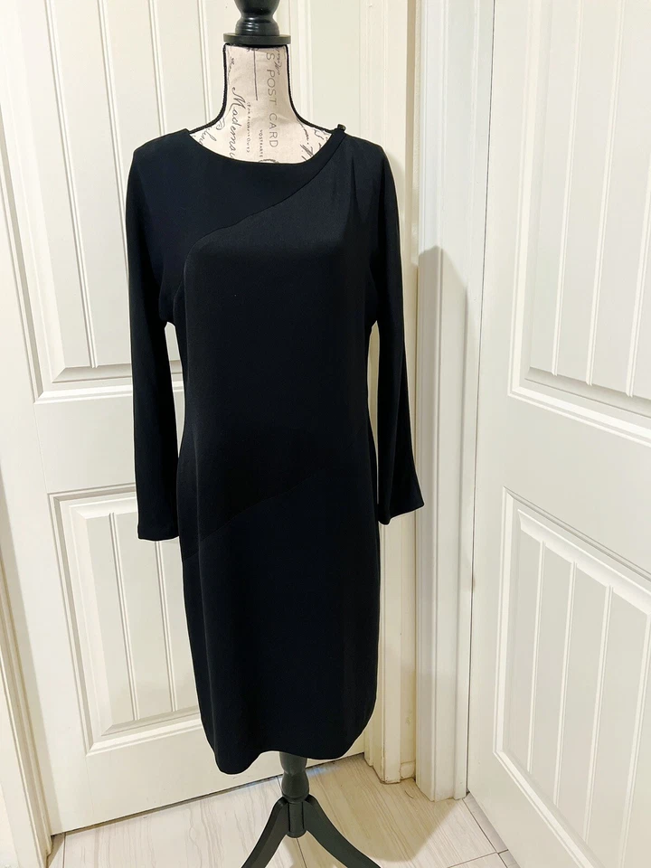 Linda Allard Ellen Tracy Cocktail Sheath Long Sleeves Black Shift Dress Sz 10 - Image 2 of 4