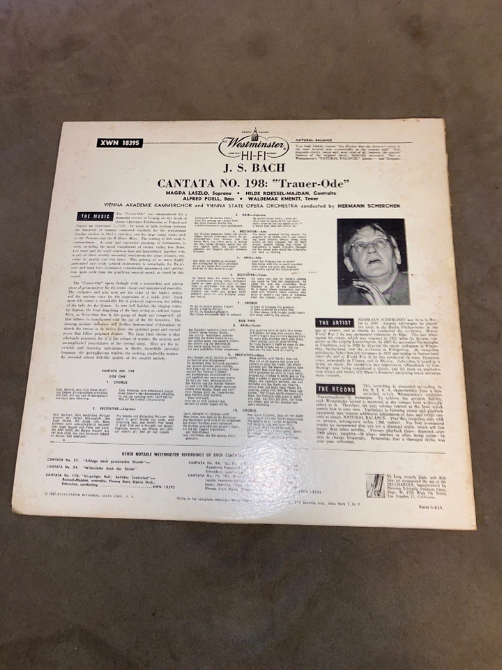 HERMANN SCHERCHEN-J.S. Bach: Cantata No. 198 (1957) Mono WESTMINSTER LP - Image 2 of 3