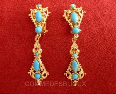 Boucles d’Oreilles Pendantes Clips Vintage Arabesque – Bijou Doré Turquoise - Photo 1/3