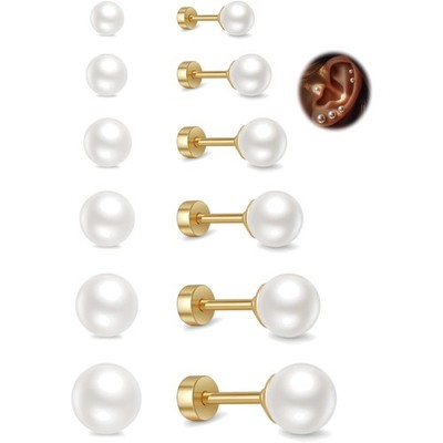 Perlen Ohrringe Damen, 6 Paar Gold, hypoallergen, Edelstahl, Flatback