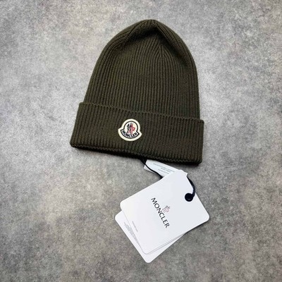 Moncler Khaki Gerippt Wolle Logo Beanie Mütze UVP 240£