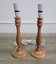 Pair Vintage Table Lamps Wooden Candlestick Style Retro Bedside Light Working 