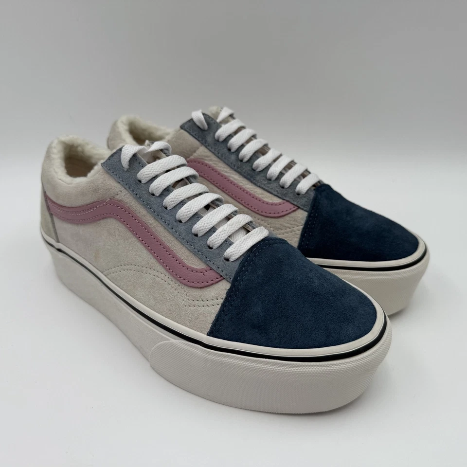 Vans Old Skool Platform 女式 9 码麂皮绒海军蓝灰色粉红色夏尔巴内衬鞋 — 第 3/4 张图片
