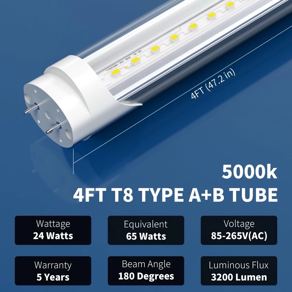 Fluorescent Light Bulbs Replacement 4FT T8 LED Bulbs Type AB 24W(65W Equivalent) - Image 3 of 4
