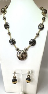 Gold and Black Tone Striped Beaded Necklace & Earrings 115g