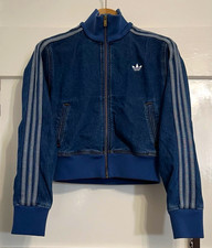 adidas Originals Firebird Denim cropped Full Zip Track Jacket Pockets XS