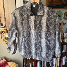 Fuda International Silk Bomber Zip Jacket Size S   Black  Gray Snake Print