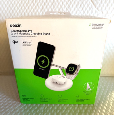 Belkin -  BoostCharge Pro 3-in-1 Wireless 15W Qi2 MagSafe Charging Stand - White