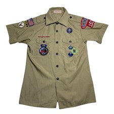 Boy Scouts of America Uniform Shirt Youth L USA Official Patches Beige Tan
