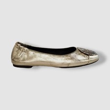 228 Tory Burch Women Gold Claire Leather Cap-Toe Ballet Flat Shoes Size 8
