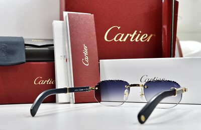 新品未使用　希少Cartier Wood box Anthracite Grey Cartier Decor C Wood Rimless dark blue Frame Sunglasses