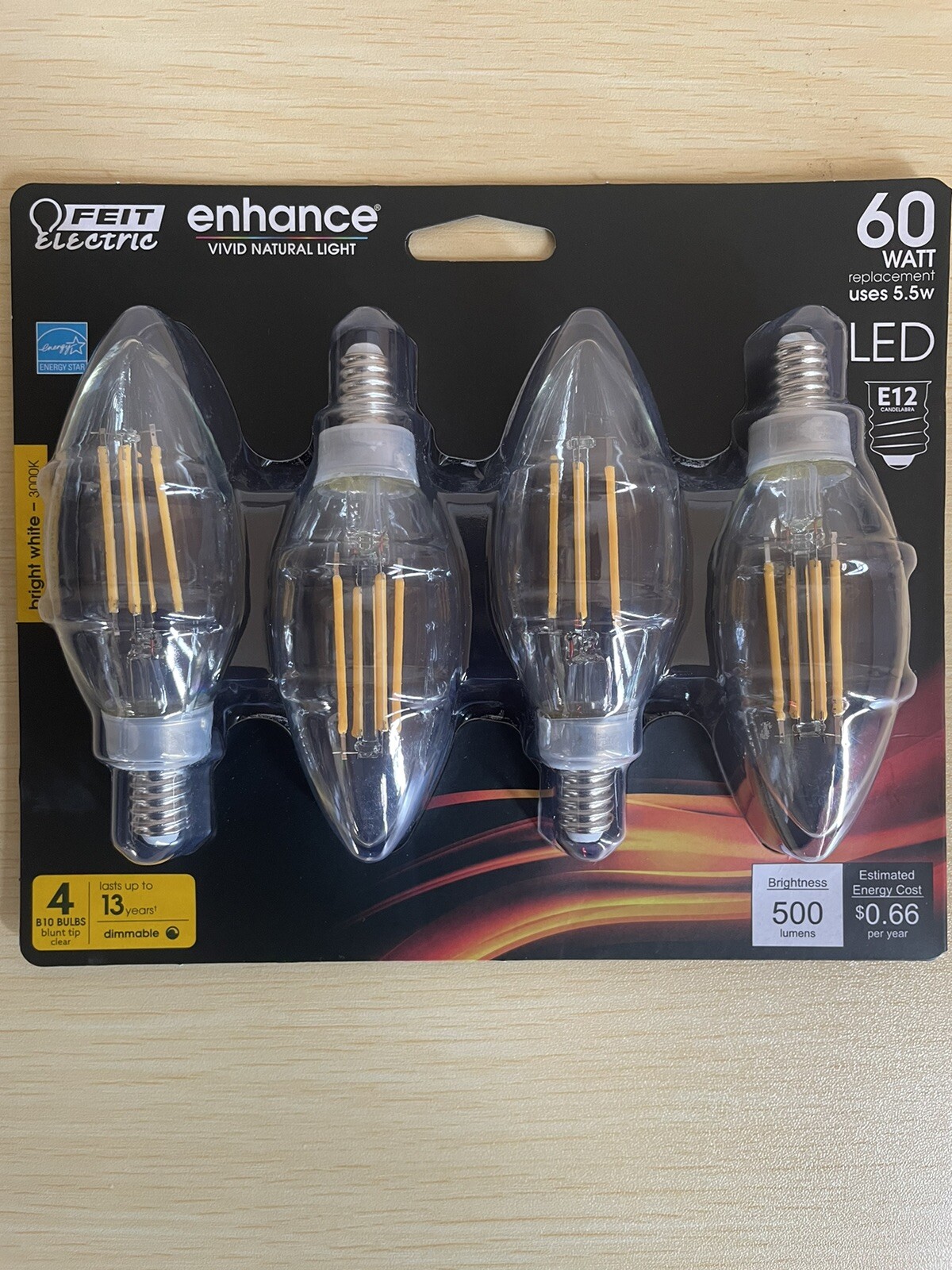 Feit Electric Bright White 60w Equivalent B10 E12 Candelabra Light Bulbs- 4 Pack
