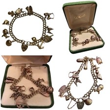 1960s F Hinds VINTAGE 9ct GOLD CURB BRACELET WITH x13 CHARMS In 9ct, FM, 375 VGC