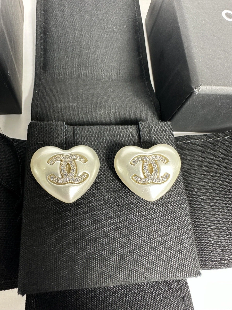 CHANEL 2022 Faux Pearl Strass CC Heart stud Earrings