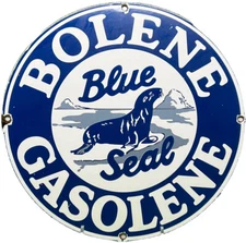 VINTAGE BOLENE GASOLINE PORCELAIN SIGN GASOLINE GAS STATION PUMP PLATE BLUE SEAL