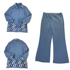 Vintage 70s Rockabilly Pant Suit Womens Medium Crewel Stitched Floral Jacket