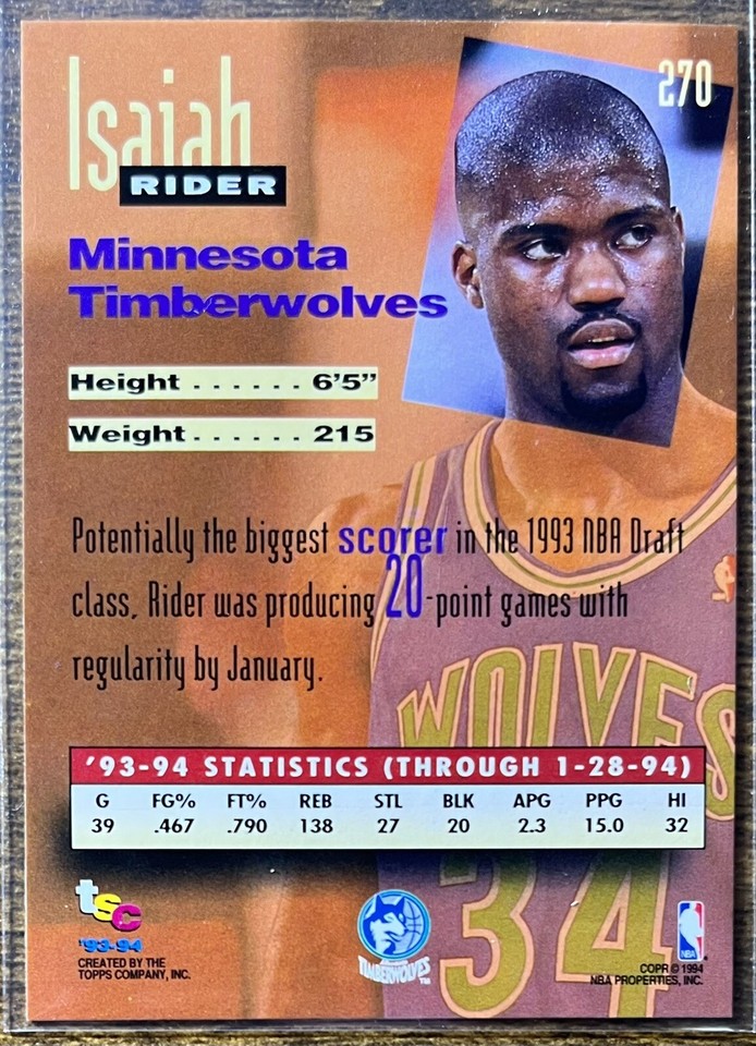1994 TOPPS STADIUM CLUB #270 ISAIAH RIDER ROOKIE MINNESOTA TIMBERWOLVES ...