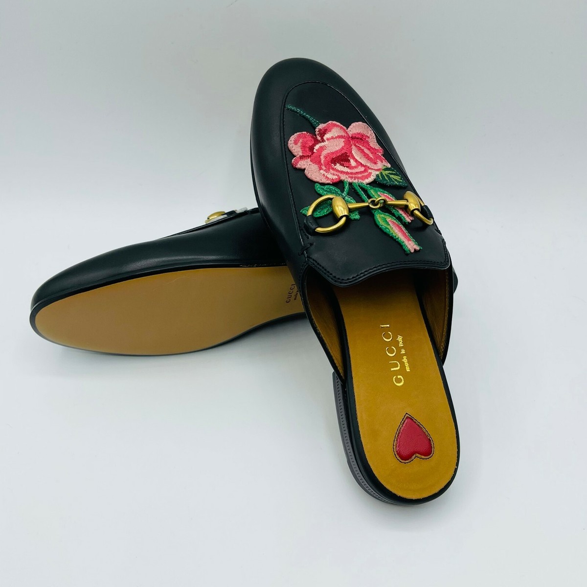 $820 Gucci Princetown Black Leather Rose Flower Mule Sandal