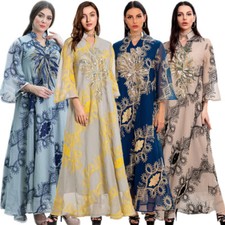 Floral Abaya Muslim Women V-Neck Maxi Dress Kaftan Robe Dubai Islamic Ramadan