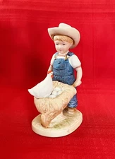 Homco Denim Days Boys Figurine with Wheelbarrow and Chicken & Eggs Taiwan 1985
