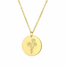 Women Stainless Steel Birth Month Flower Necklace Round Pendant Chain Gold