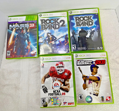 Xbox 360 Game Lot - 5 Titles - Mass Effect 3, Rock Band 1 & 2, NCAA Football 09
