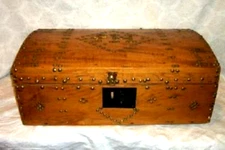 ANTIQUE FRENCH PINE DOME TOP TRUNK Folk Art PRIMITIVE TACKS INITIALS WALLPAPER