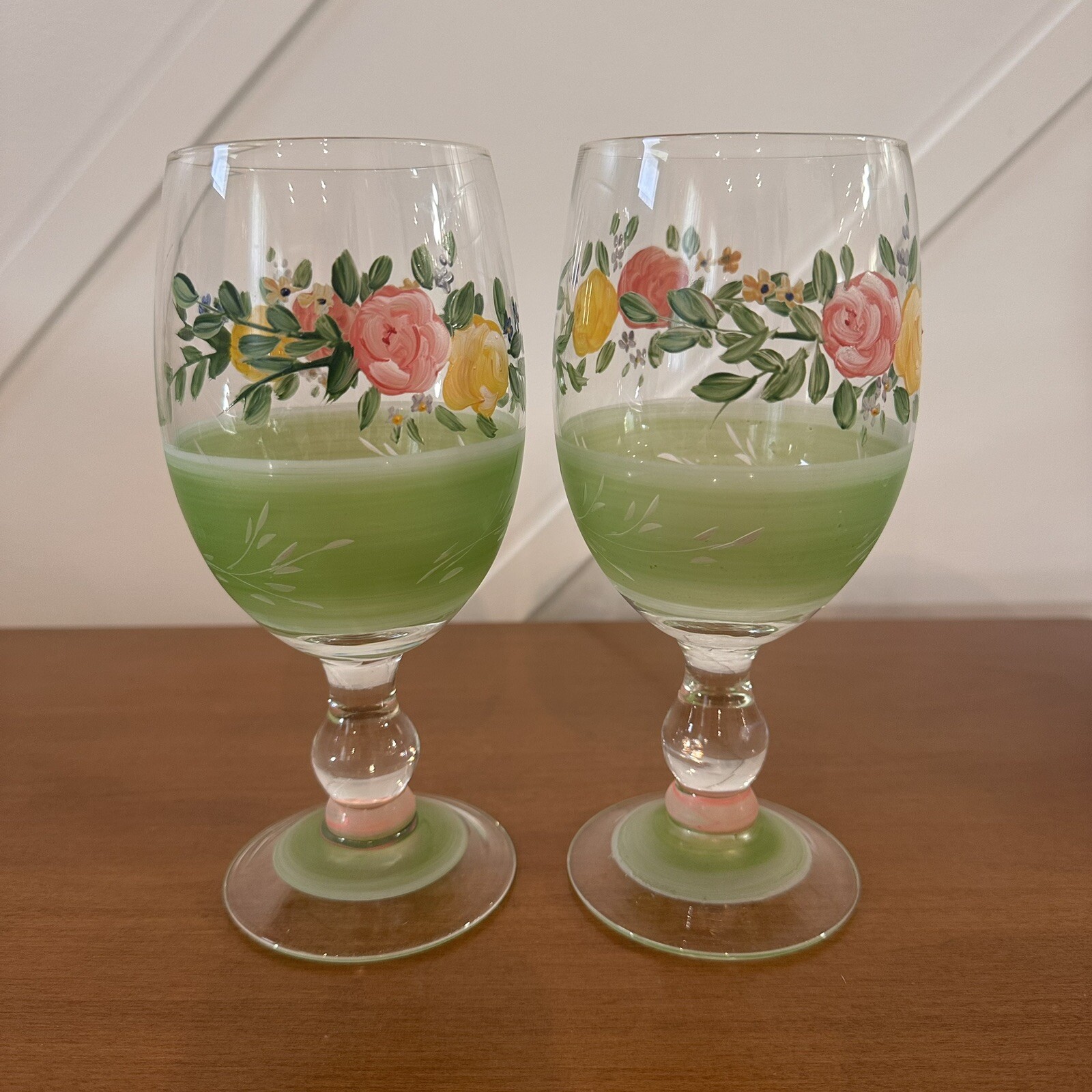 Hand Painted Flower Pink Yellow Rose Bud Floral Stem Wine Glasses Set of 2 Cups