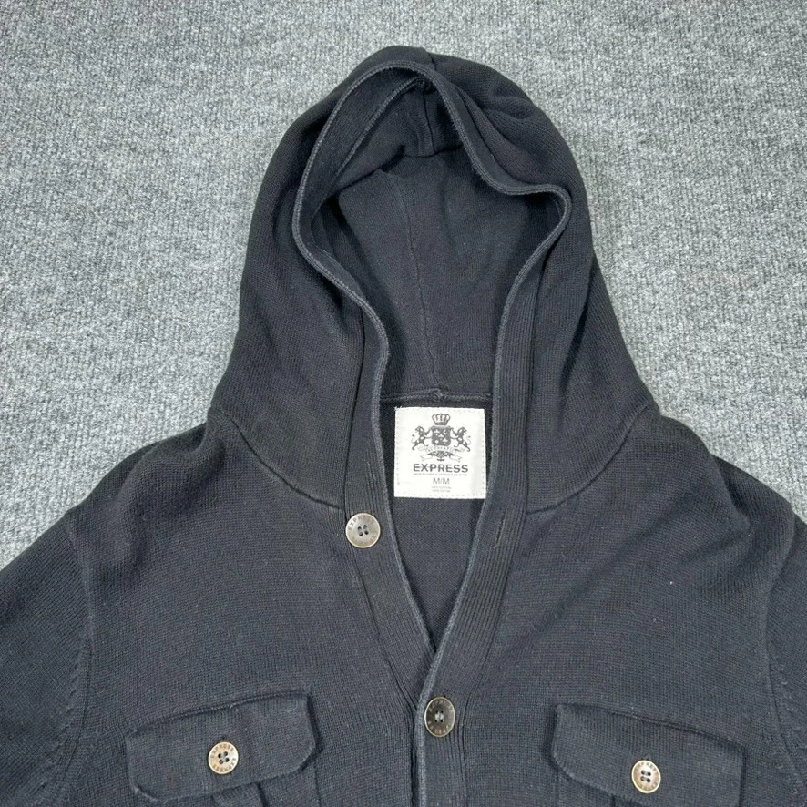 Cárdigan suéter utilitario militar Express para hombre M negro con capucha botón delantero Foto 2 de 4