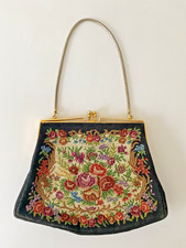 Vintage Petit Point Floral Purse on Black Gold Frame, Handbag Clutch Tapestry