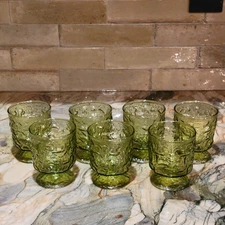 VTG Anchor Hocking Milano Lido Avocado Green Crinkle Footed Juice Glass 7pc