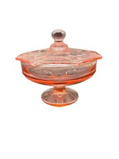 Pink Glass Octagonal Covered Candy Dish Pedestal Etched Lid 6" Depression Glass