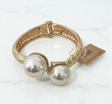 1.3/8" Wide Statement Prom Party Bridal White Faux Pearl Golden Hinge Bracelet