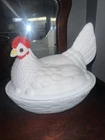 Challinor Taylor milk glass “Hen on Nest" Painted Comb, Amber Eyes Chips Basket