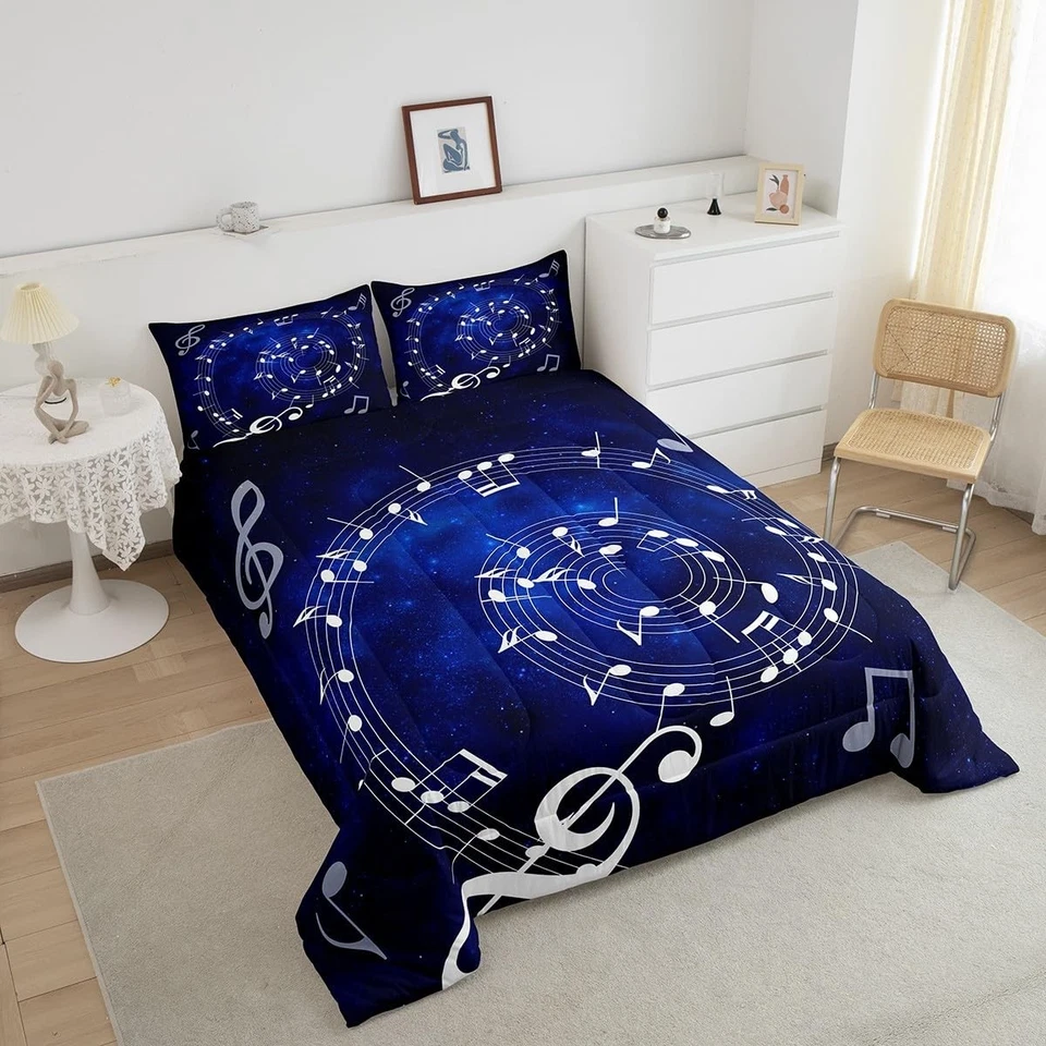Juego de edredón Music Note Swirl tamaño completo azul cielo estrellado juego de ropa de cama para adultos... Foto 4 de 4