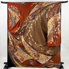 JAPANESE KIMONO FURISODE RED BROWN 171cm 5 ft 7 in PURE SILK B0965