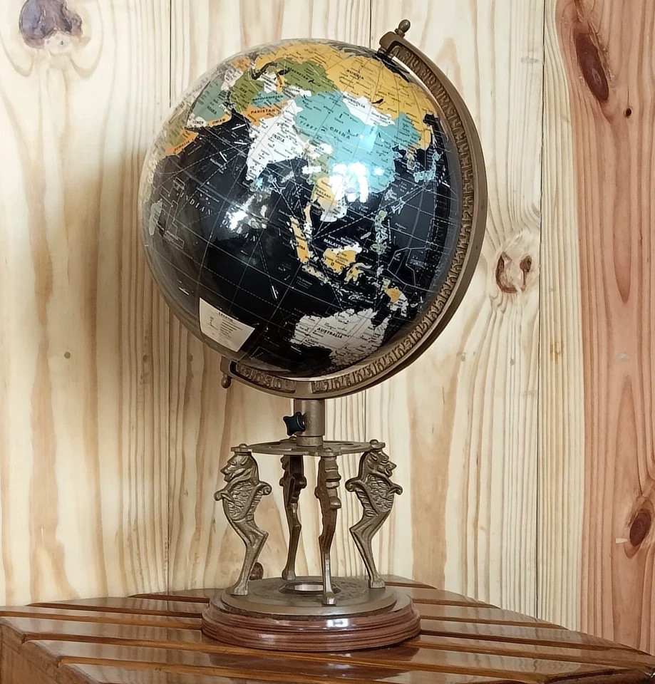 12-Inch Vintage World Globe – Antique Brass Lion Stand with Compass Base – Black