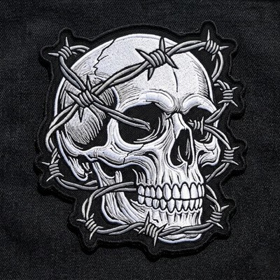 Skull Barbed Wire Embroidered Patch Gothic Biker Punk Iron On