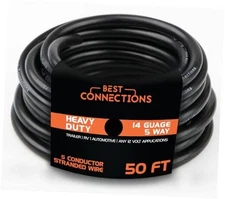  5 Way Trailer Wire – Heavy Duty 14 Gauge 5 Conductor Insulated Cable – 50 Feet