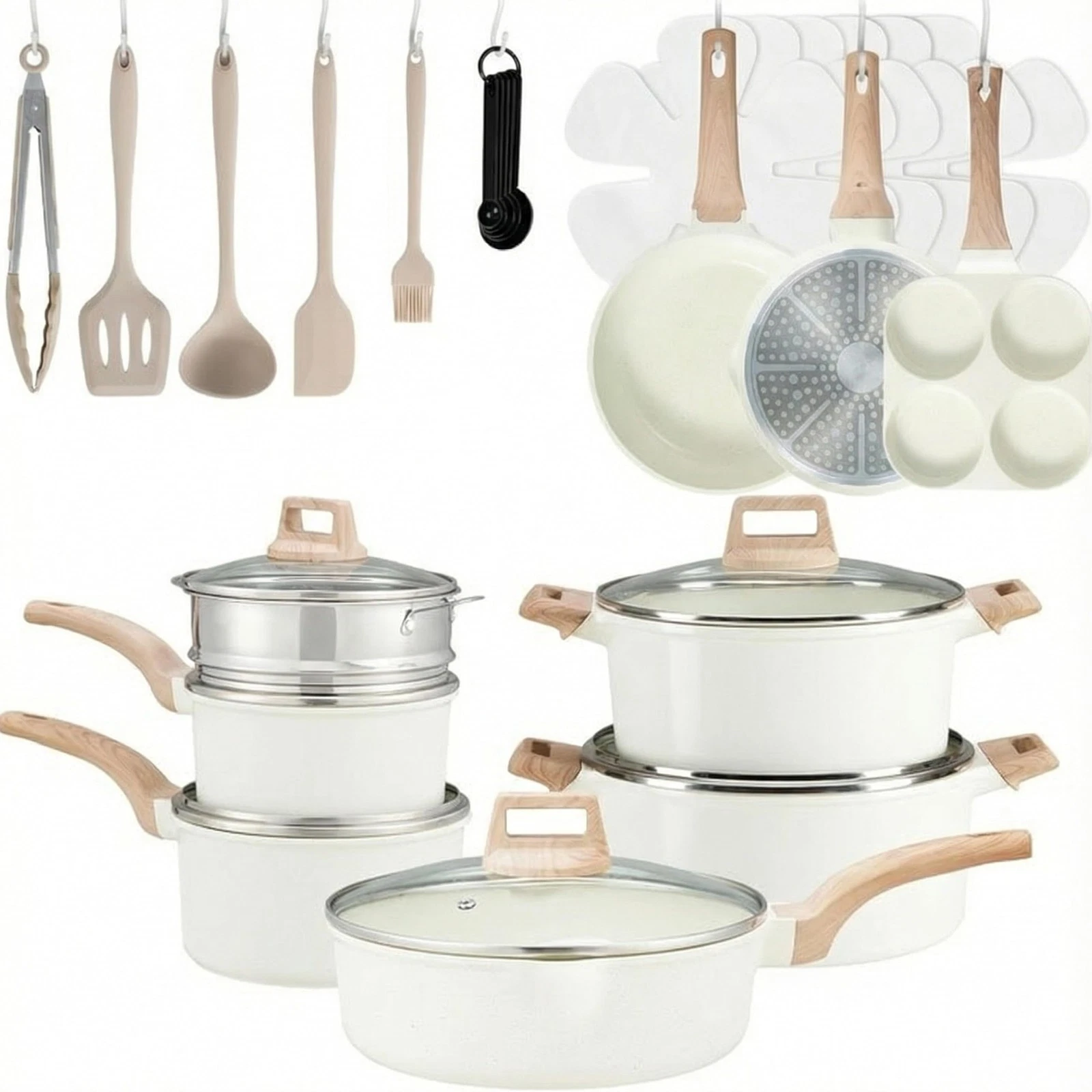 25Pcs Ceramic Cookware Set, Nonstick & Non-Toxic Healthy Pots and Pans Beige