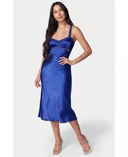 Bebe Women's Satin Midi Slip Dress With Lace Straps Blue, Size Med