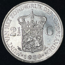 1938 Netherlands 2-1/2 Gulden Silver Coin Excellent Condition High Value