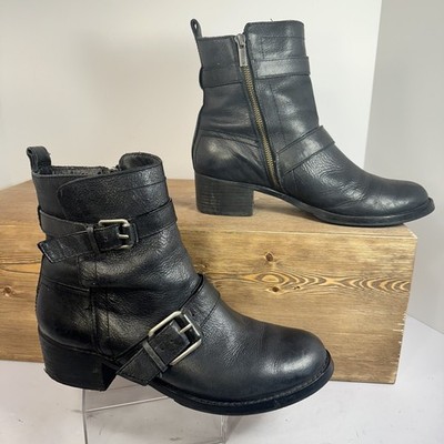 Lucky Brand Hanae Ankle Boots 9.5M Black Leather Moto Y2K 90's Harness Buckle