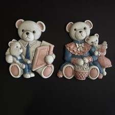Vintage Homco Teddy Bear Family Storytime Wall Plaques 7604-1B 7604-2A Pink Blue
