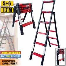 6+5Steps Portable Multi-Purpose Aluminium A Frame Folding Telescopic Ladder 1.7M