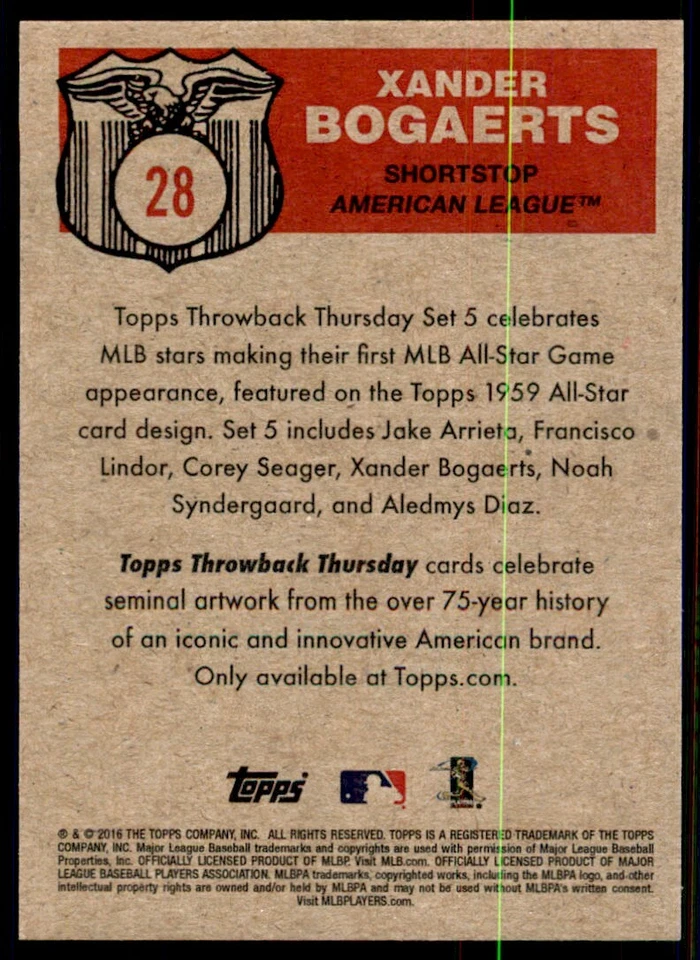 2016 Topps Throwback Thursday Xander Bogaerts Boston Red Sox #28 - Image 2 of 2