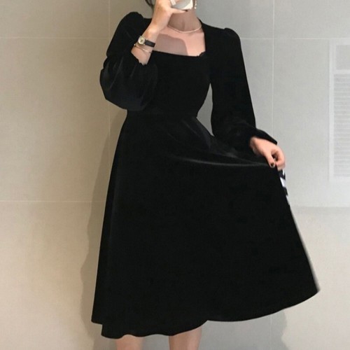 Black Velvet Midi Dress Square Collar 